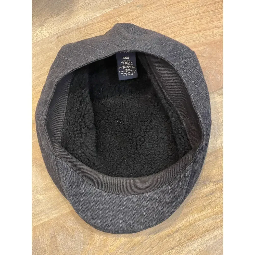 Banana Republic Hat Cap Flat Mens Medium Gray Herringbone Wool Lined Insulated